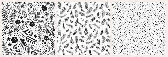 doodle conjunto de padrão de vetor floral. fundos sem costura com flores desenhadas à mão, folhas, galhos e pontos. design gráfico preto e branco monocromático.