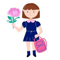 uma colegial com flores e uma mochila. vetor