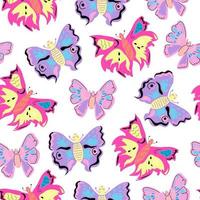 sem costura padrão com borboletas em diferentes tons de rosa e roxo.