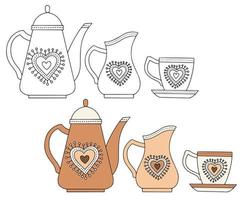 conjunto de pote de café de pratos de cerâmica, jarro de leite e copo. cor e desenho linear em um fundo branco vetor