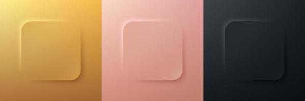 conjunto de ouro de luxo 3d abstrato, ouro rosa, design de moldura quadrada de canto redondo preto. coleção de pano de fundo geométrico para produto cosmético. elementos para o projeto. vista do topo. vetor eps10