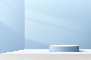 pódio de plataforma de cilindro branco e azul claro abstrato. iluminação da janela. cena de parede mínima pastel. renderização vetorial em forma 3d para apresentação de exibição do produto. pedestal geométrico com sombra. vetor