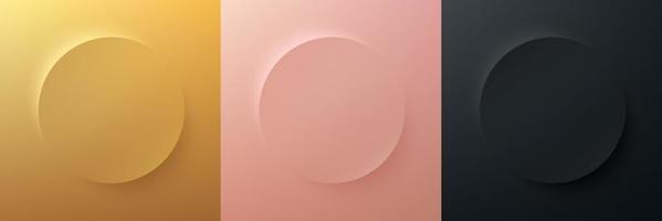 conjunto de ouro, ouro rosa, design de moldura preta. pano de fundo abstrato círculo 3d para produto cosmético. coleção de fundo geométrico de luxo com espaço de cópia. vista do topo. vetor eps10