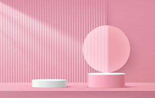 pódio de pedestal de cilindro branco e rosa, cena de parede rosa com pano de fundo de círculo de vidro transparente. textura de linha vertical. forma 3d de renderização vetorial, apresentação de exibição do produto. projeto abstrato do quarto. vetor