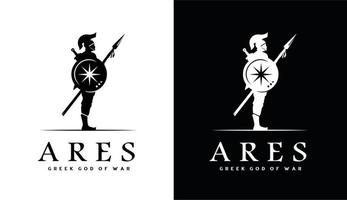 silhueta de ares deus da guerra com escudo e lança, design de logotipo de guerreiro grego poderoso vetor