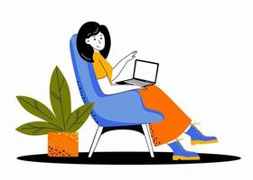 uma jovem com um laptop em uma cadeira vetor