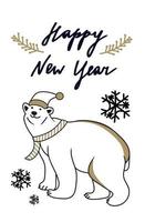 cartões de natal artesanais com letras, urso polar, estrelas. cartões postais da moda na cor preta e dourada. vetor