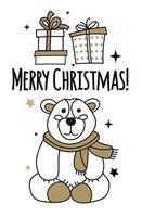 cartões de natal artesanais com letras de urso polar, presentes, estrelas. cartões postais da moda na cor preta e dourada. vetor