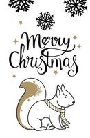 cartões de natal artesanais com letras, esquilo, estrelas. cartões postais da moda na cor preta e dourada. vetor
