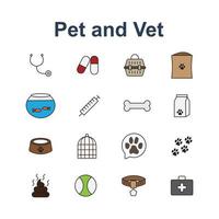 conjunto de ícones de animais de estimação e veterinários vetor editável de cores completas