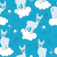 padrão de lhamas de alpaca em um fundo azul com nuvens e estrelas. para impressão em têxteis, lembranças e cartazes. ilustração vetorial. vetor
