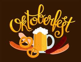 bandeira da oktoberfest. inscrição manuscrita com a imagem de uma caneca de cerveja com espuma, pretzel e salsicha grelhada. vetor