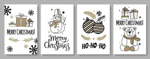 cartões de natal com personagens. em um estilo moderno e cor preta e dourada. para cartões, autocolantes, autocolantes, estampas para têxteis e lembranças. vetor