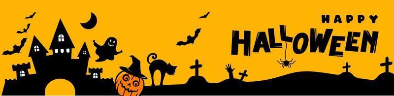 dia das Bruxas. um cartaz para a celebração do dia das bruxas com fantasmas, abóboras, um gato preto e morcegos em um fundo laranja. para uso em web design, cartões postais, cartazes, impressão. ilustração vetorial. vetor