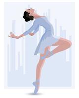 ilustração, uma bailarina dançando em um delicado vestido azul e sapatilhas em um fundo abstrato de uma grande cidade. cartaz para aulas de dança, clip-art
