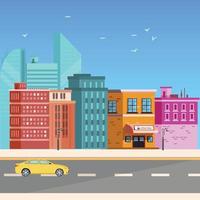 estrada urbana com paisagem de carro. tráfego de rua da cidade, edifícios da cidade grande durante o dia. ilustração em vetor plana colorida moderna.