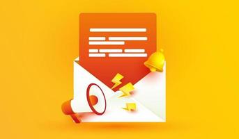 ícone de envelope aberto com símbolo de alarme de sinal de sino amarelo e anúncio de ícone de megafone isolado em fundo amarelo para lembrete de mídia social. ilustração em vetor 3d de lembrete de e-mail