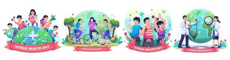 conjunto de conceito do dia mundial da saúde com grupo de médicos e enfermeiros, pessoas vivendo atividade saudável, corrida de pessoa, ciclismo, ioga. ilustração vetorial vetor