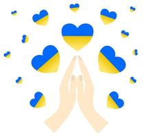 bandeira ucraniana de forma de coração. com a mão rezando pela boa sorte da ucrânia. vetor
