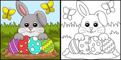 coelho coletando ilustração para colorir de ovo de páscoa