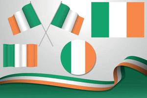 conjunto de bandeiras da irlanda em diferentes designs, ícone, esfolando bandeiras com fita com fundo. vetor