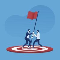 equipe de negócios segurando a bandeira vermelha para marcar o ponto-alvo, objetivo e focar o conceito de alvo de marketing vetor