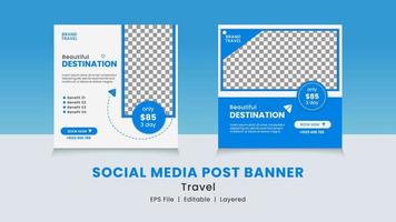 gráfico vetorial de banner de postagem de mídia social com esquema de cores azul, branco e cinza. perfeito para promoção de agência de viagens de mídia social. vetor