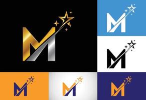 alfabeto inicial da letra do monograma m com o ícone do logotipo swoosh e estrela. design de símbolo de sinal de logotipo estrela abstrata. logotipo de vetor moderno para identidade de negócios e empresa.