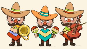 Ilustração vetorial de músicos mexicanos com três homens com guitarras em roupas nativas e vetor plana de Sombrero