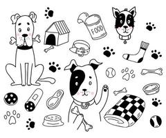 coleção de animais de estimação. cachorrinhos fofos com osso, carne e linguiça, brinquedos e pegadas, barraca, cobertor e coleira. ilustração vetorial. desenhos de linha isolados em estilo doodle para design e decoração vetor