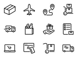 conjunto de ícones do vetor preto, isolados contra um fundo branco. ilustração plana em um tema comprar, vender, fazer compras, entrega, desconto, presente