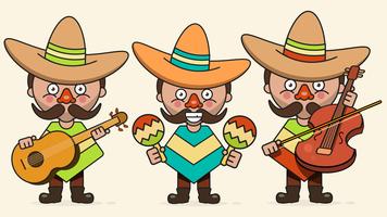 Ilustração vetorial de músicos mexicanos com três homens com guitarras em roupas nativas e vetor plana de Sombrero
