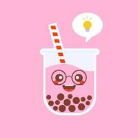 lindo chá de leite bolha boba com tapioca. chá de leite pérola, pérolas pretas deliciosas é famoso taiwanês. bebida popular. esboço de ilustração vetorial. personagem de desenho animado. adesivo fofo. emoji de desenho animado kawaii. vetor