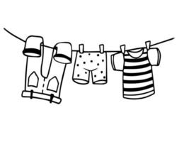 secar roupas depois de lavar em uma corda. rabiscos. lavanderia em casa, vetor. ilustração de roupas penduradas. vetor