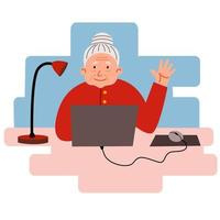 uma mulher idosa trabalha em casa em um computador. vovó fofa está sentada em sua mesa e trabalhando. vetor