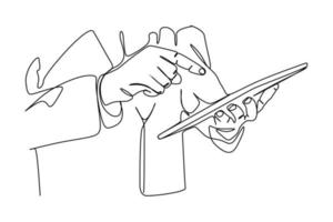 desenho de linha única contínua de um homem de perto usando computador tablet com tela sensível ao toque. mão desenhada em estilo de linha fina, ilustrações vetoriais. vetor