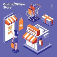 loja isométrica construindo compras on-line vetor