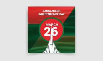 ilustração do dia da independência de bangladesh com o monumento nacional, longa bandeira verde e vermelha ondulada e o sol vermelho. arte vetorial do dia nacional de bangladesh. vetor