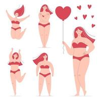uma feliz linda mulher gorda em traje de banho segurando um balão em forma de coração, dançando, pulando, abraça a si mesma. conceito de positividade do corpo, amor próprio, excesso de peso. vetor