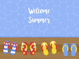 Bem-vindo verão, flip-flops no terraço de madeira ao lado do mar vetor