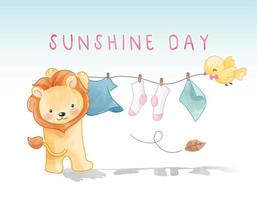 slogan do dia do sol com ilustração de roupas penduradas de leão vetor