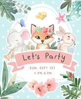 modelo de cartão de festa com animais fofos e ilustração de flores coloridas vetor