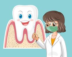 dentista feliz segurando o espelho dental com dente grande sobre fundo azul claro vetor