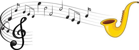 um saxofone com notas musicais em fundo branco vetor