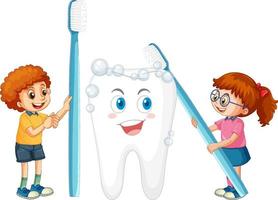crianças felizes escovando um dente grande com uma escova de dentes no fundo branco