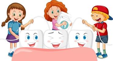 crianças polir os dentes usando fio dental em fundo branco