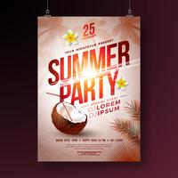 Vector verão festa Flyer Design com flor, coco e palmeiras tropicais no fundo do sol brilhante. Ilustração de férias de verão com plantas exóticas