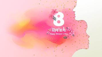 8 de março. Feliz Dia da Mulher. Silhueta de uma mulher com fundo rosa aquarela. Ilustração vetorial eps10. vetor