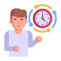 pessoa com relógio, conceito de ícone plano de funcionário pontual vetor