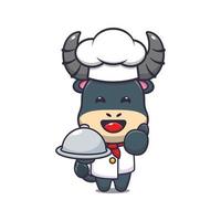 personagem de desenho animado de mascote de chef de búfalo bonito com prato vetor